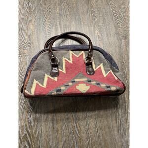 Vintage Canvas Southwestern Indian Pottery Leather Trim Satchel Bag Aztec Navajo